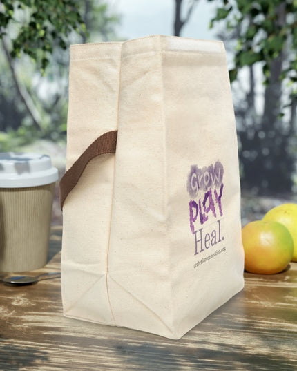 Canvas Lunch Bag — “Grow Play Heal.” Printed Strap Tote for Kids & Caregivers